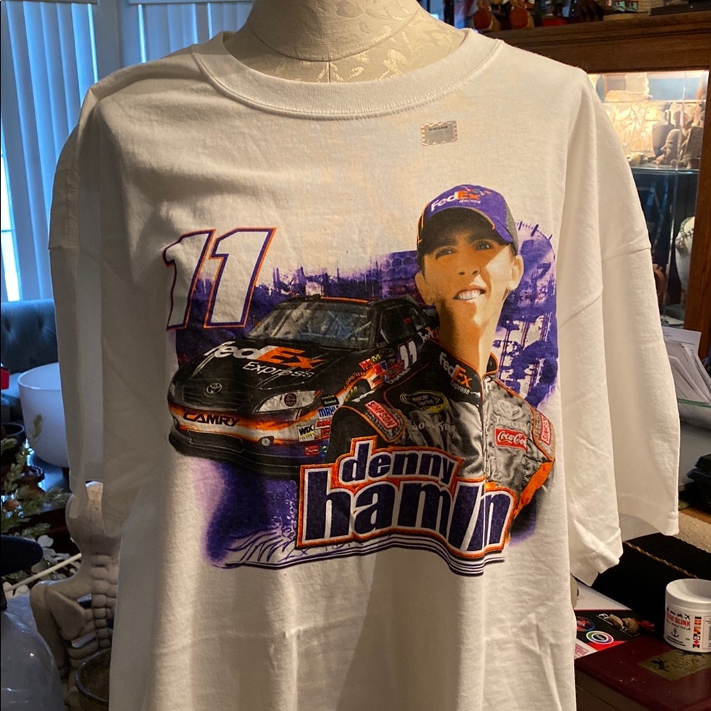 Denny Hamlin #11 Nascar Gray 2 Sided T-Shirt  Driver Car